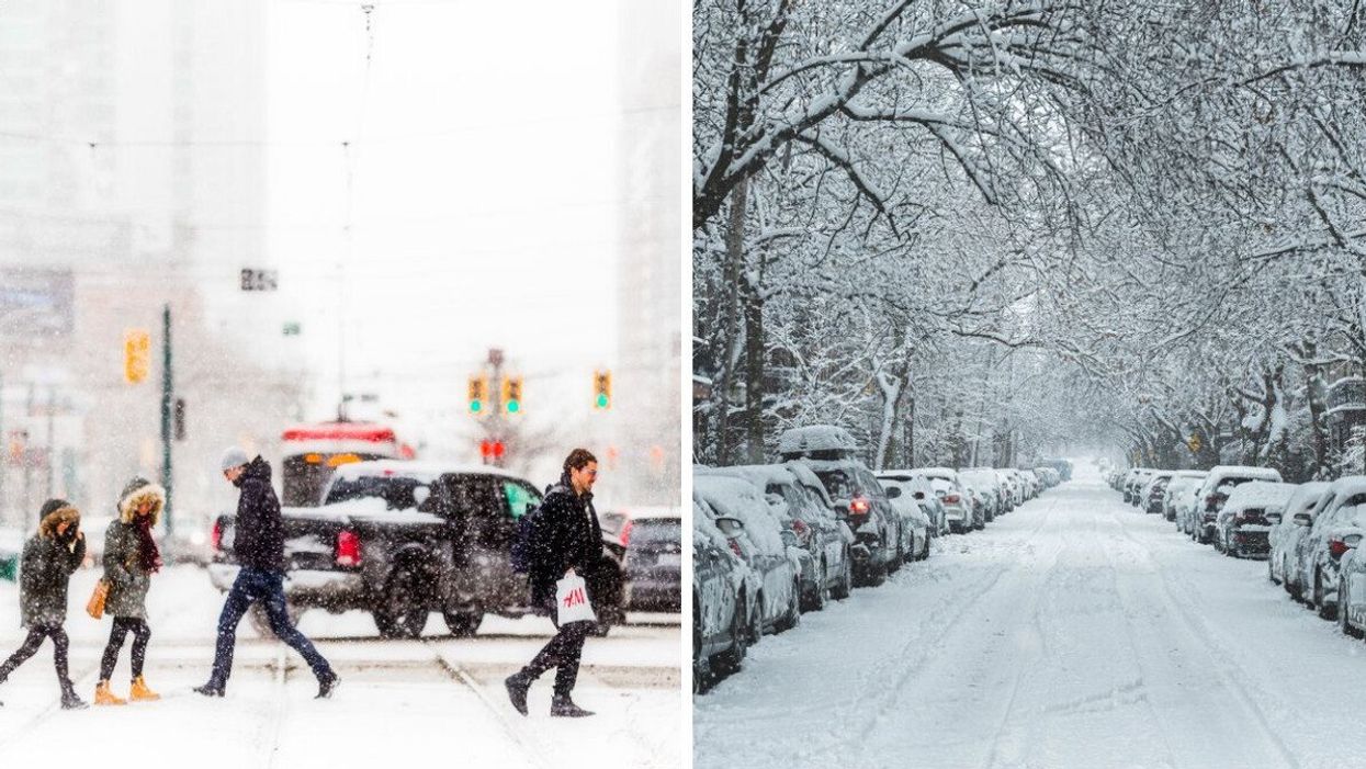 People walking across a street in Toronto as it snows. Right: Snow-covered street in Montreal.