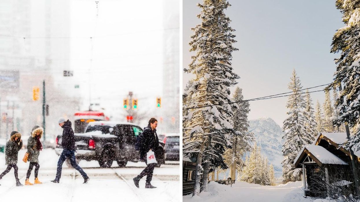 People walking across the street in Toronto while it's snowing. Right: Snow covered trees and cabins in Banff.