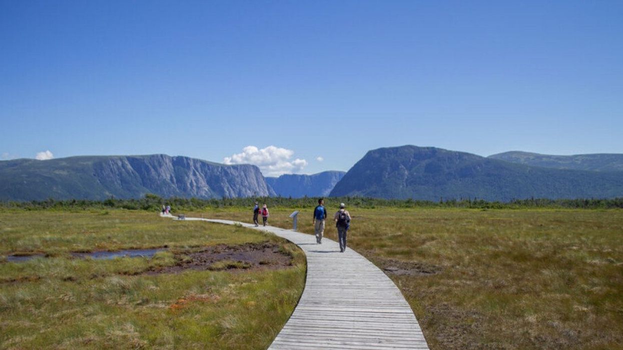 People walking along a boardwalk in Gros Morne National Park in Newfoundland.