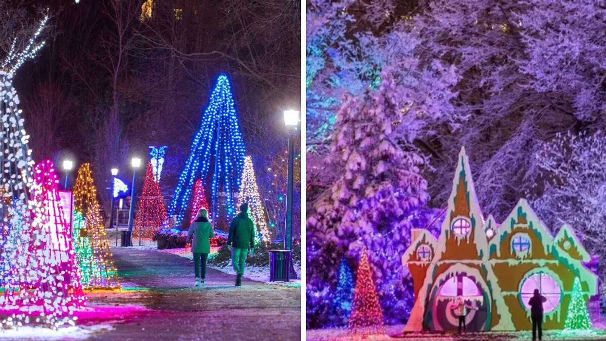 People walking along a trail of lights. Right: A Christmas installation.