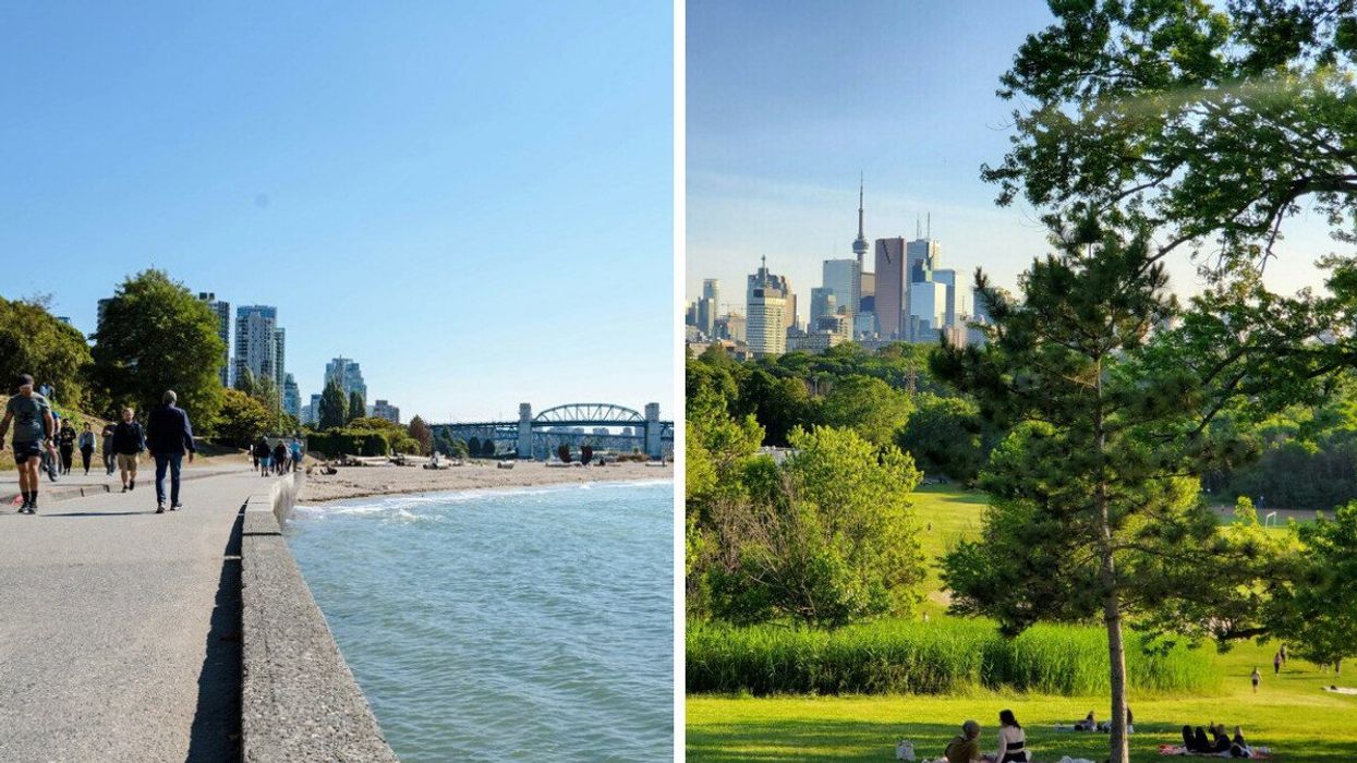 people walking along the seawall in vancouver right: people at a toronto park with the cn tower in the background