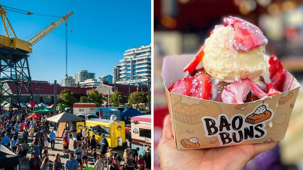People walking around and food trucks at a festival in Vancouver. Right: A person holding up a tray with ice cream and strawberries.