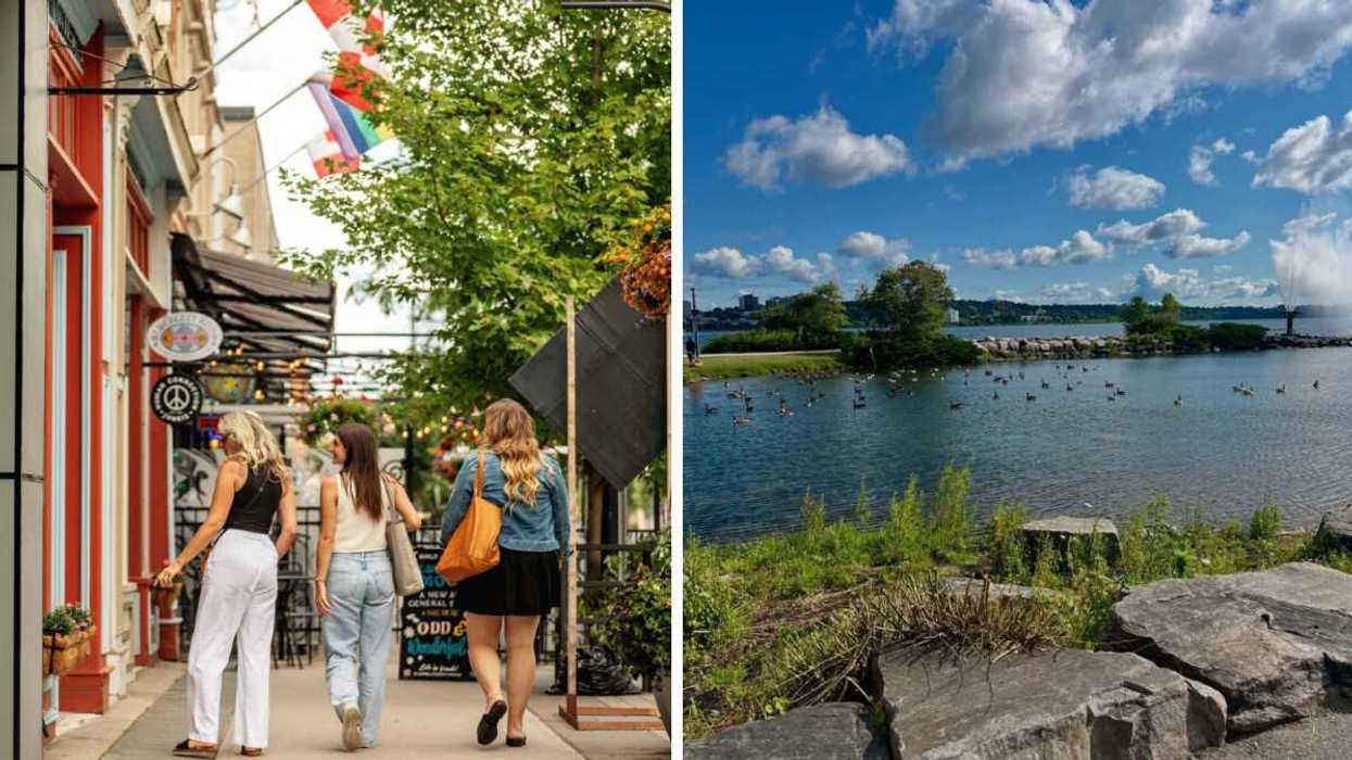 People walking down a street. Right: A shoreline.