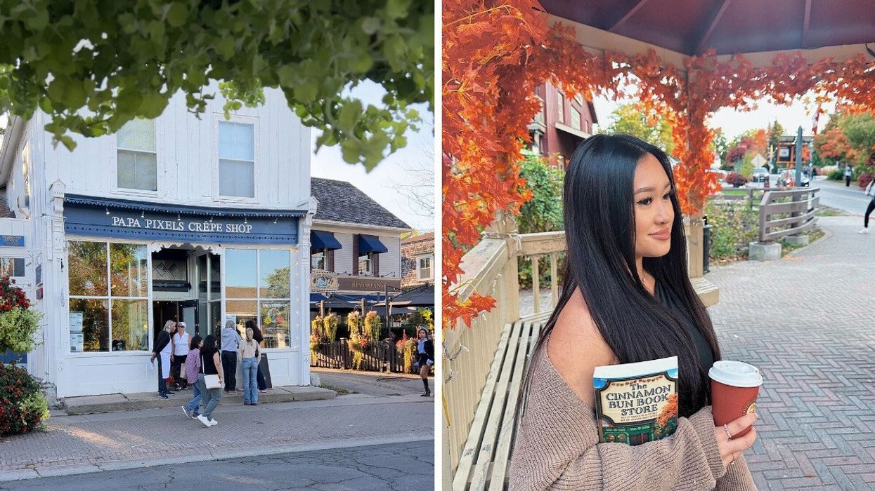 People walking down the street of a small town. Right: A person standing in a gazebo.