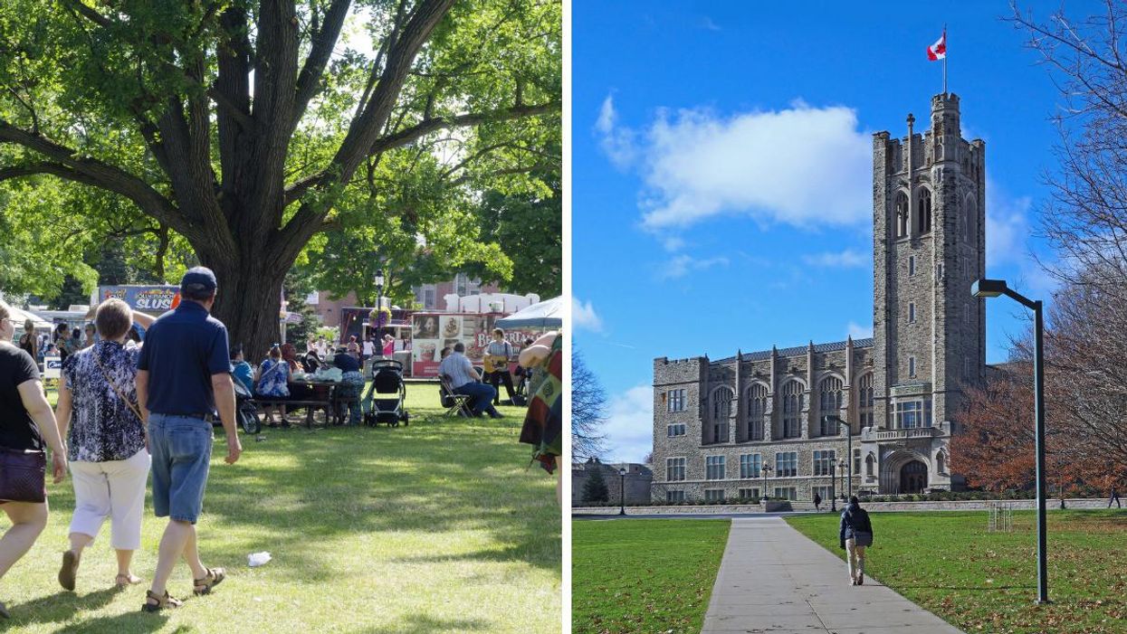 People walking in a park in London, Ontario. Right: Someone walking down a path leading to a building at the University of Western Ontario.