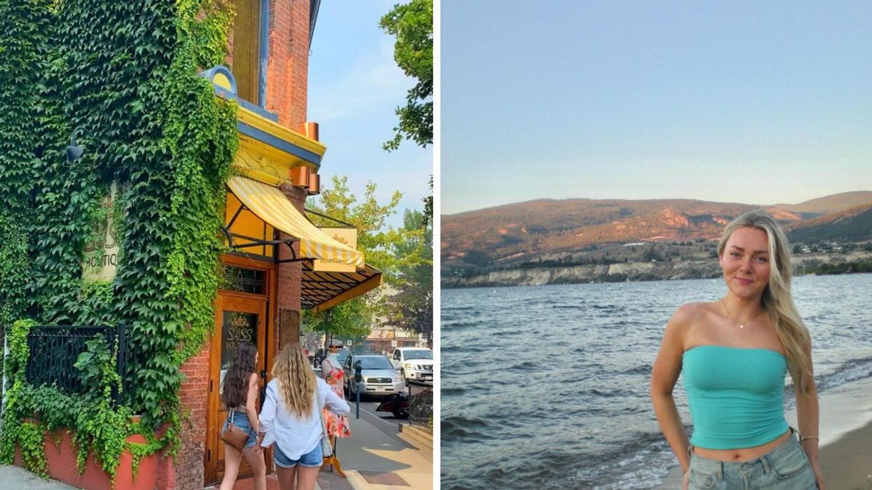 People walking in a small town in BC. Right: Person by a lake.
