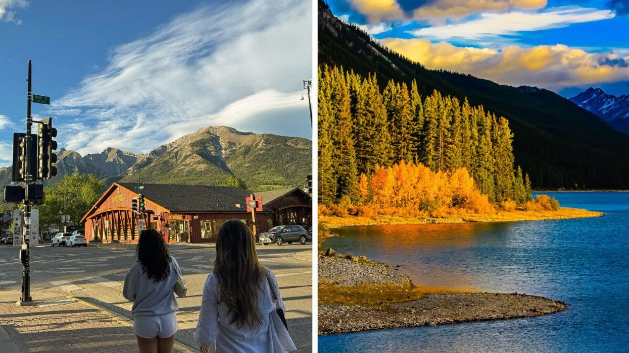 People walking in a small town. Right: Fall colours in the mountains.