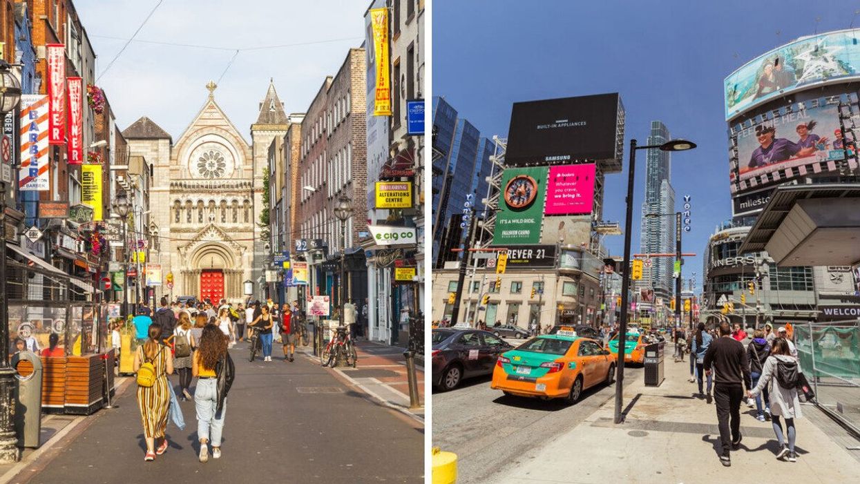 People walking in Dublin. Right: Downtown Toronto.