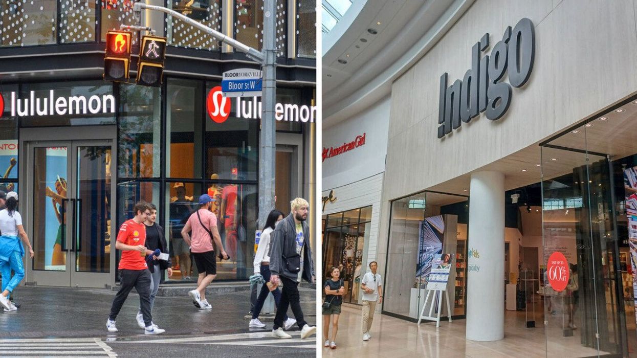 People walking in front of a lululemon store in Toronto. Right: An Indigo store in Toronto.