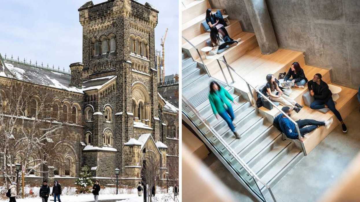 people walking in front of building on university of toronto campus. right: students sitting in building at university of british columbia