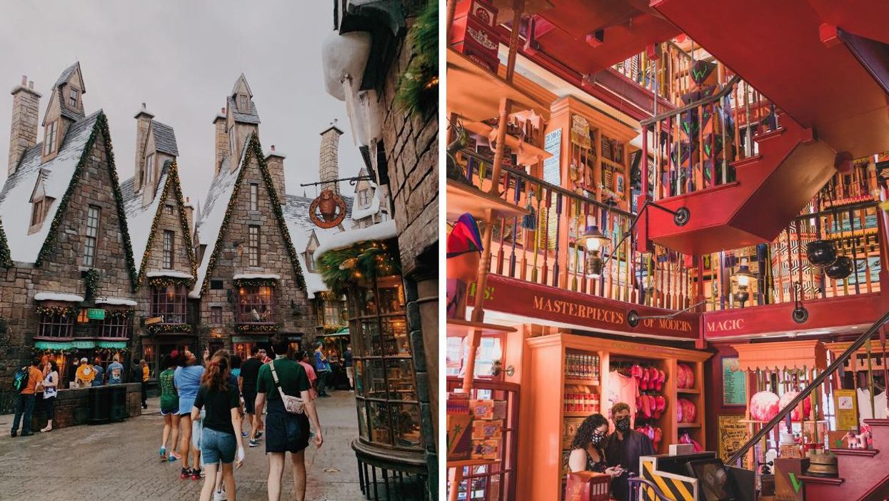 People walking in Hogsmeade at Harry Potter World. Right: The inside of a shop in Diagon Alley.