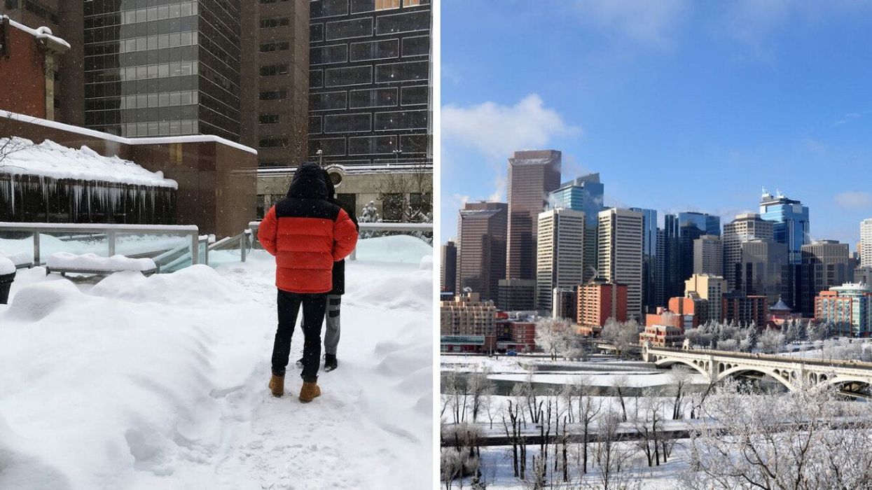 People walking in snow in Calgary. Right: Calgary could get up to 20 centimetres of snow.