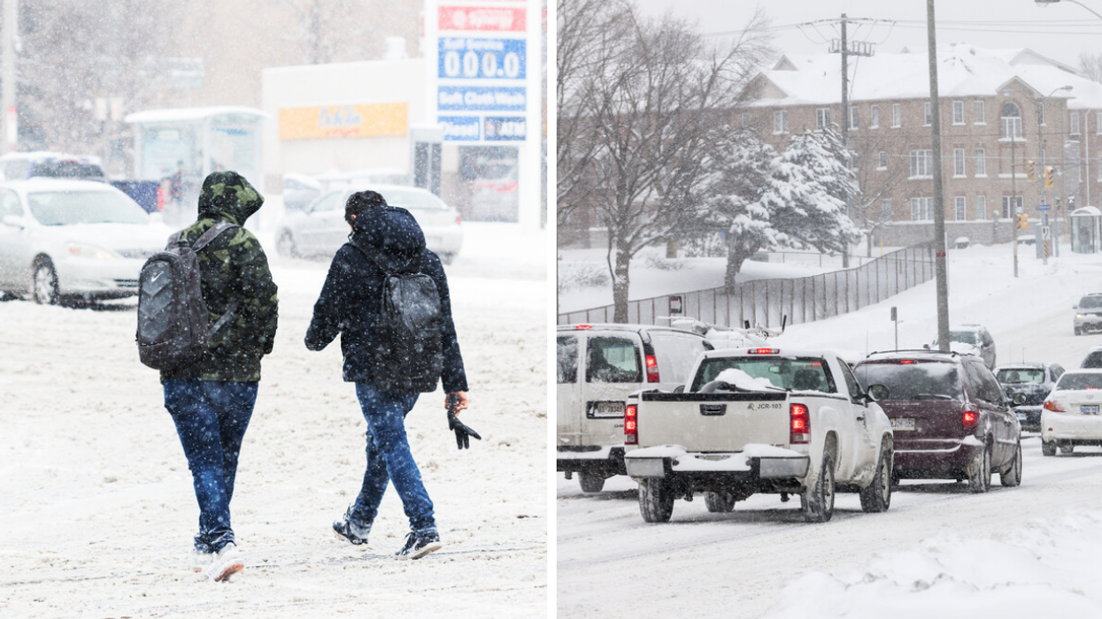 People walking in snow. Right: Traffic on snowy roads.