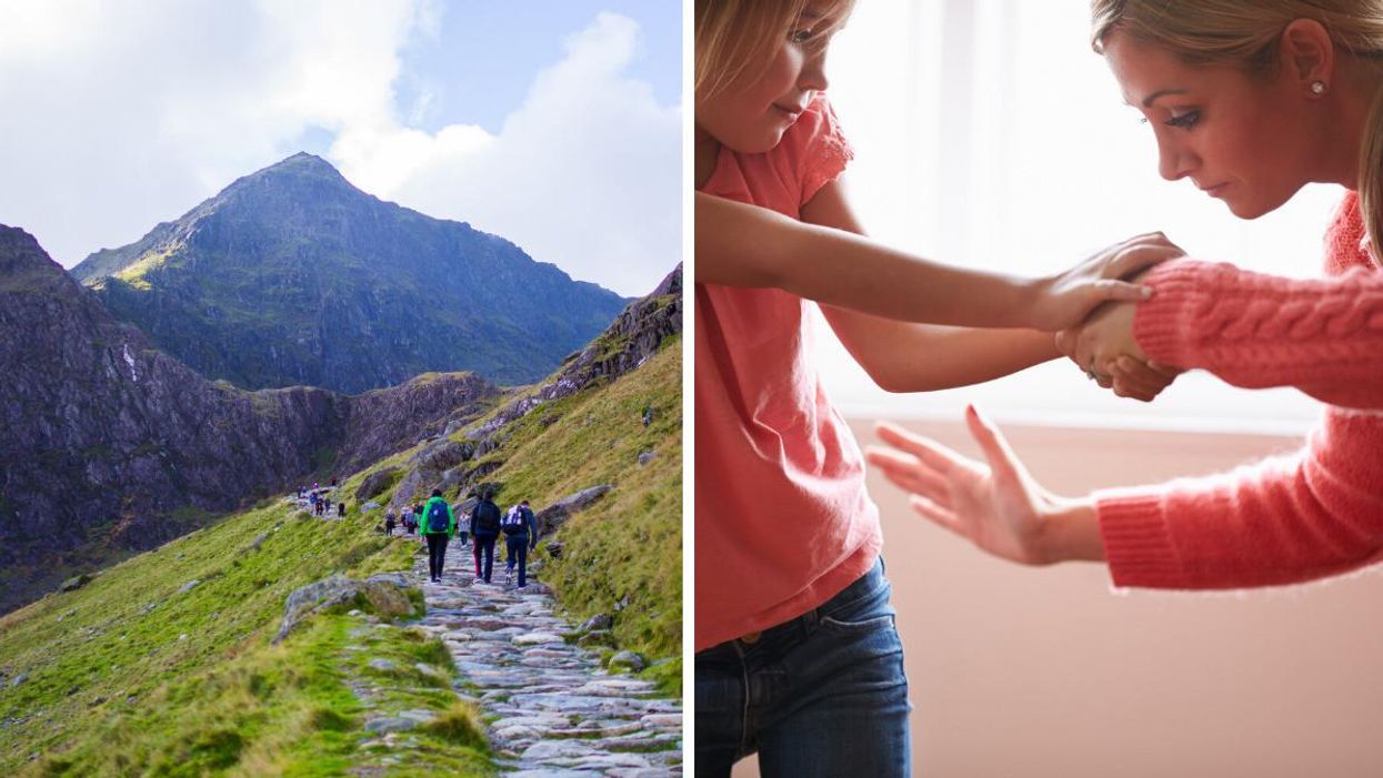 People walking in Snowdonia, Wales. Right: Stock image demonstrating a mother hitting her child.