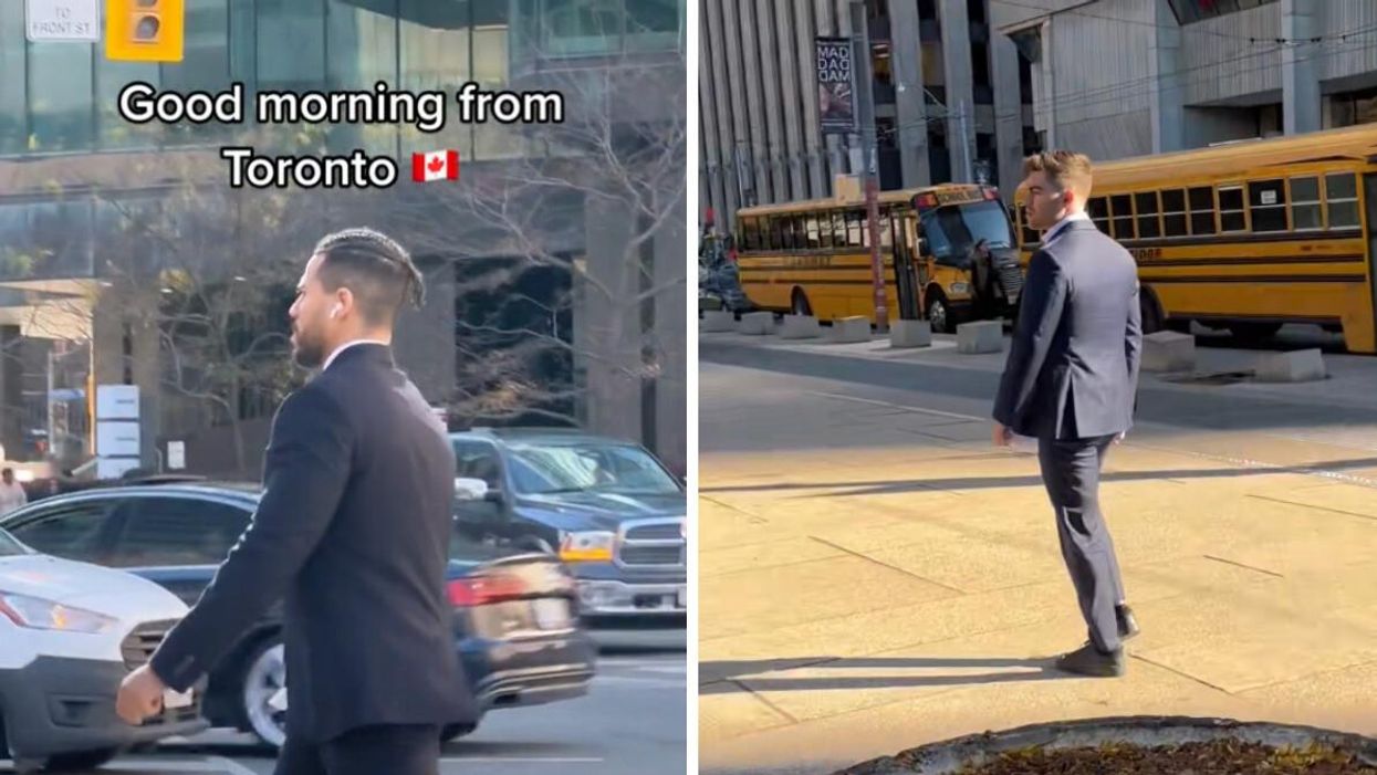 People walking in suits in Toronto.