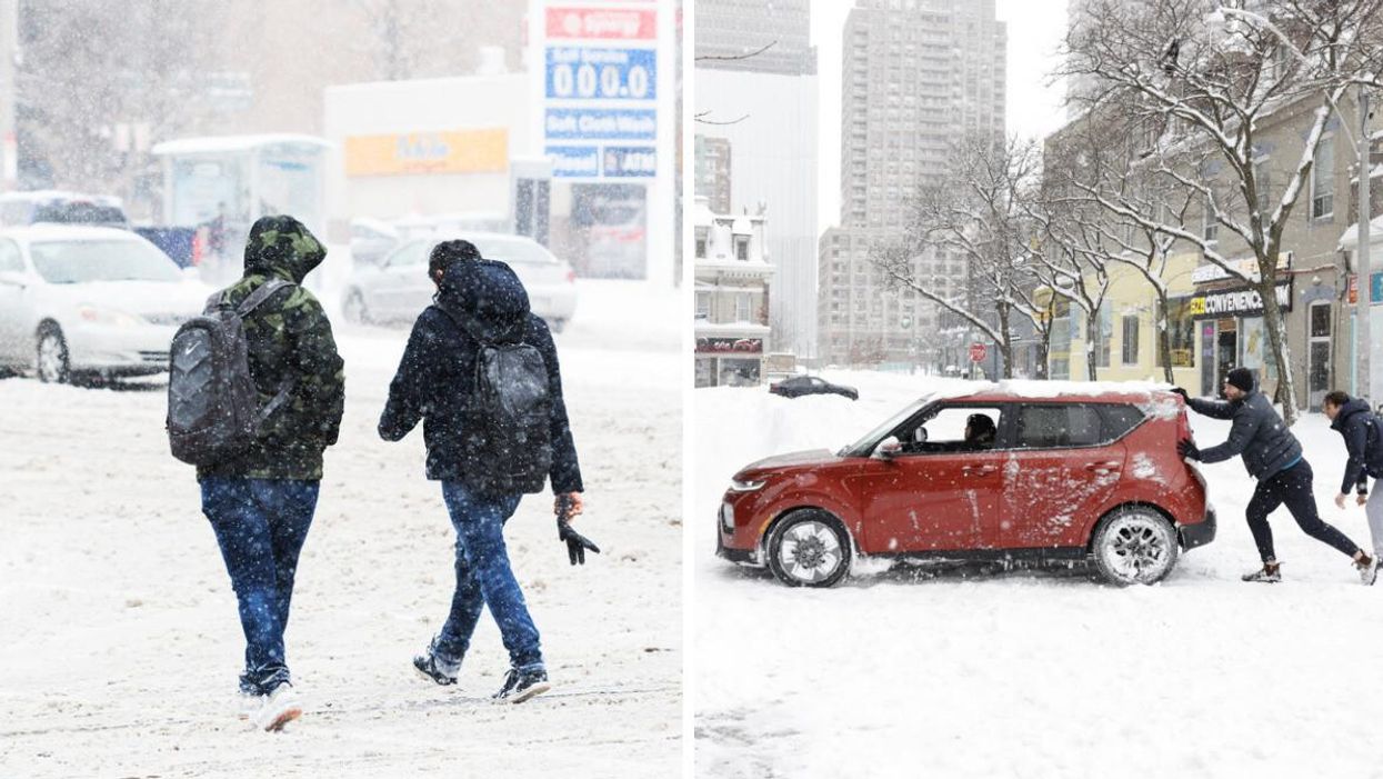 People walking in the snow in Ontario. Right: People pushing a car stuck in snow in Ontario.