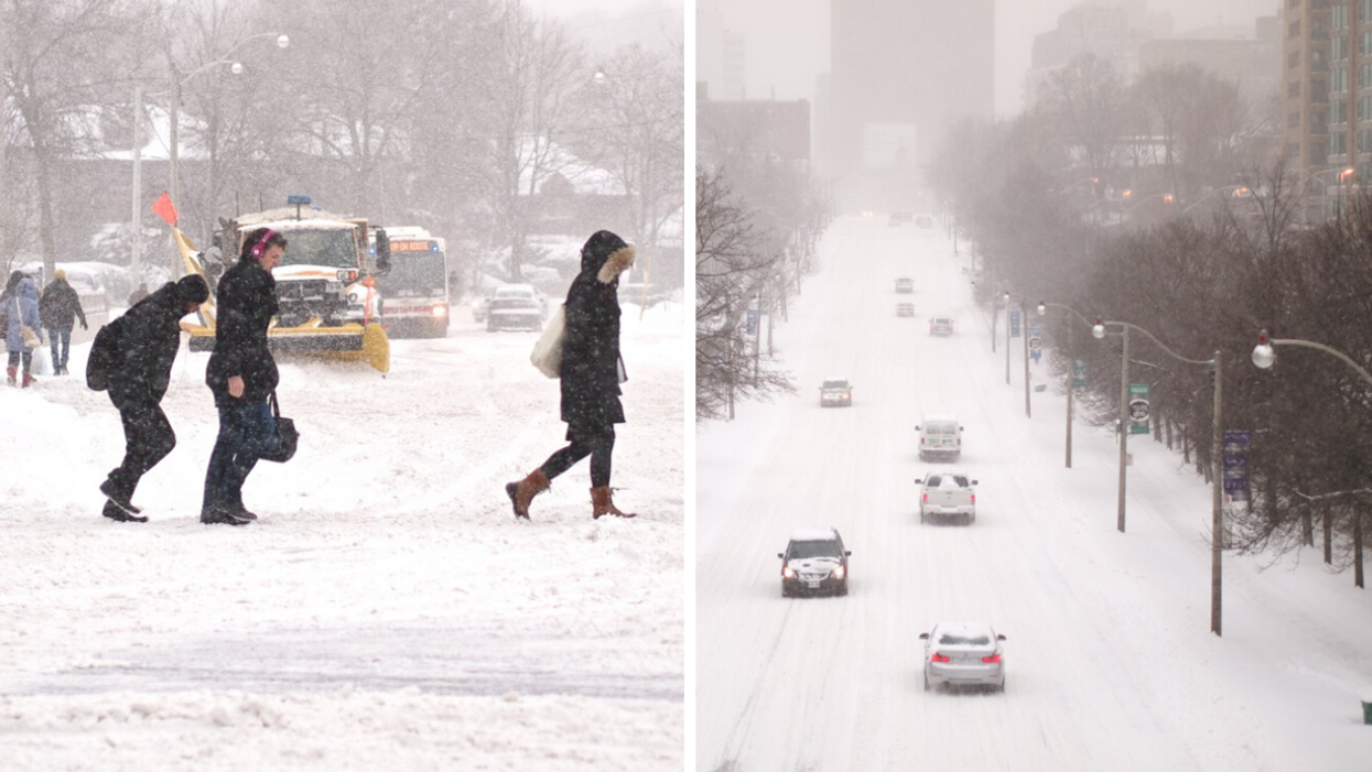 People walking in the snow. Right: Cars driving in snowstorm.