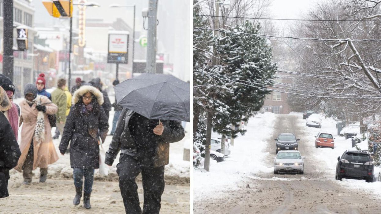 People walking in the snow. Right: Cars driving in the snow.