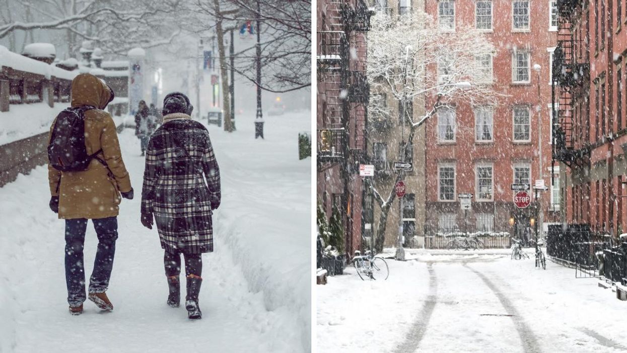 People walking in the snow. Right: New York in the winter.