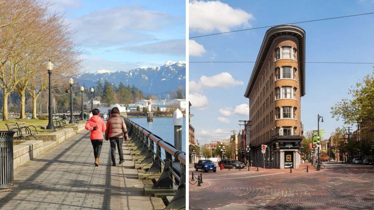 People walking in Vancouver. Right: Vancouver street.