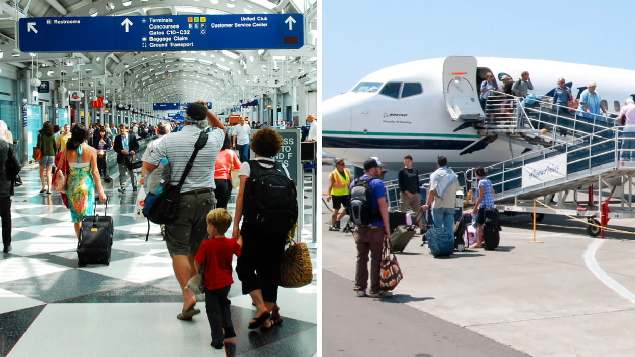 People walking inside an airport. Right: People boarding a train.