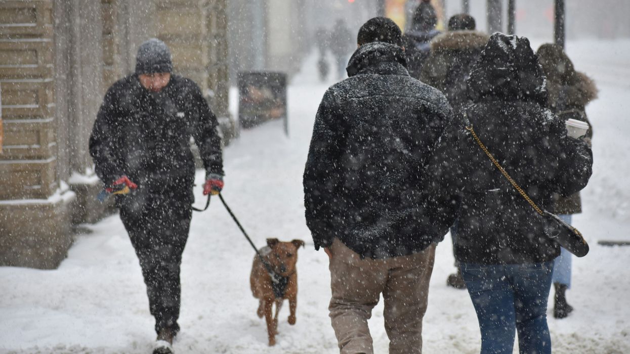 people walking on a city sidewalk during a snowstorm