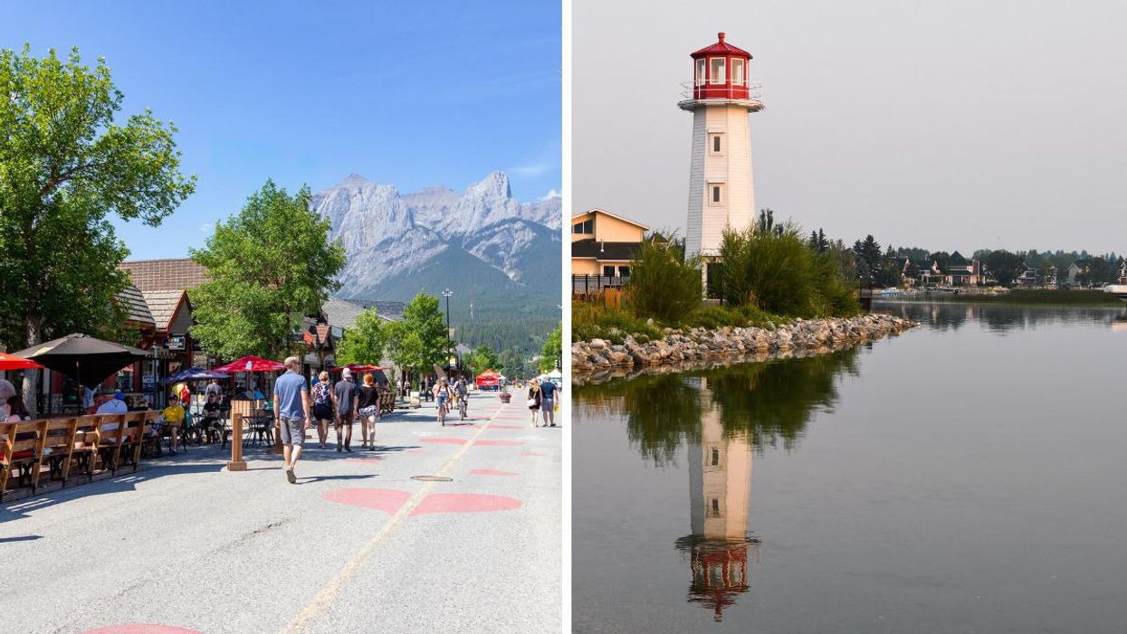 People walking on a pedestrian street near terrasses in the town of Canmore. Right: The lighthouse at Sylvan Lake.