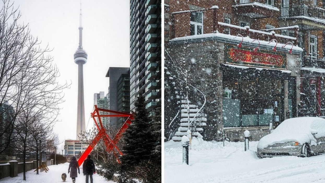 people walking on a snowy path in toronto with cn tower in the background. right: snow-covered street and car in montreal