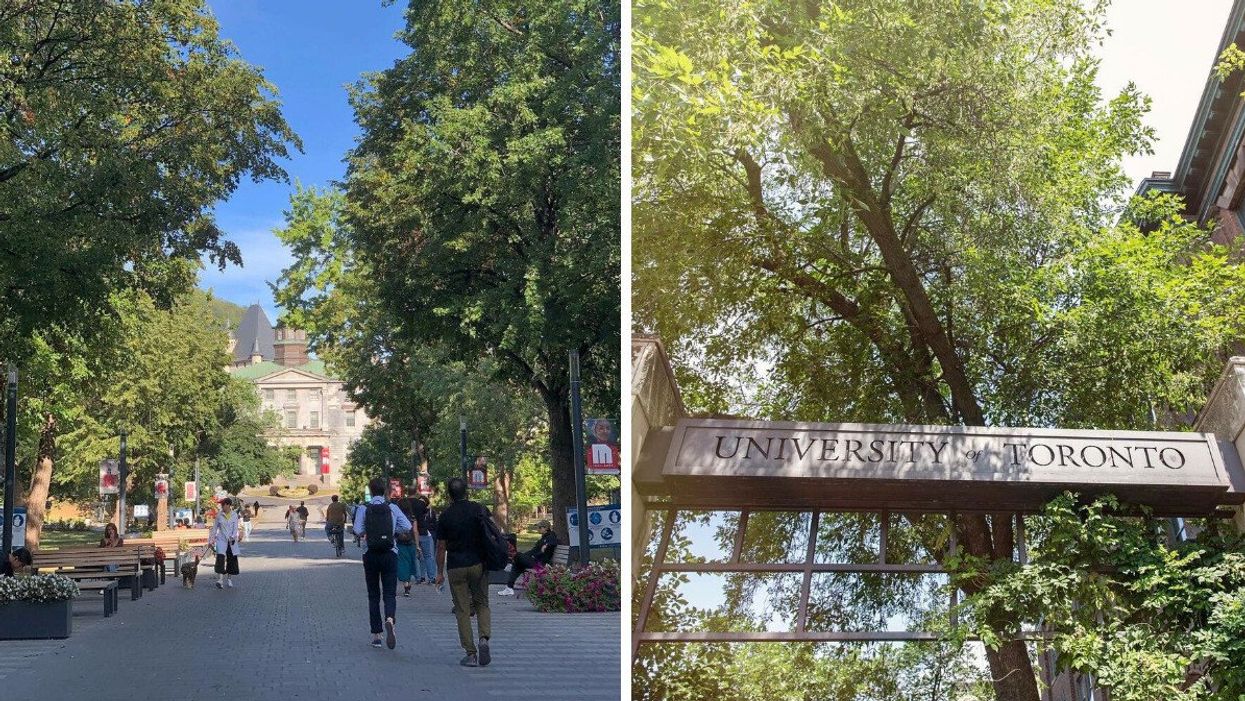 people walking on a tree-lined path at mcgill university. right: sign over an entrance to the university of toronto
