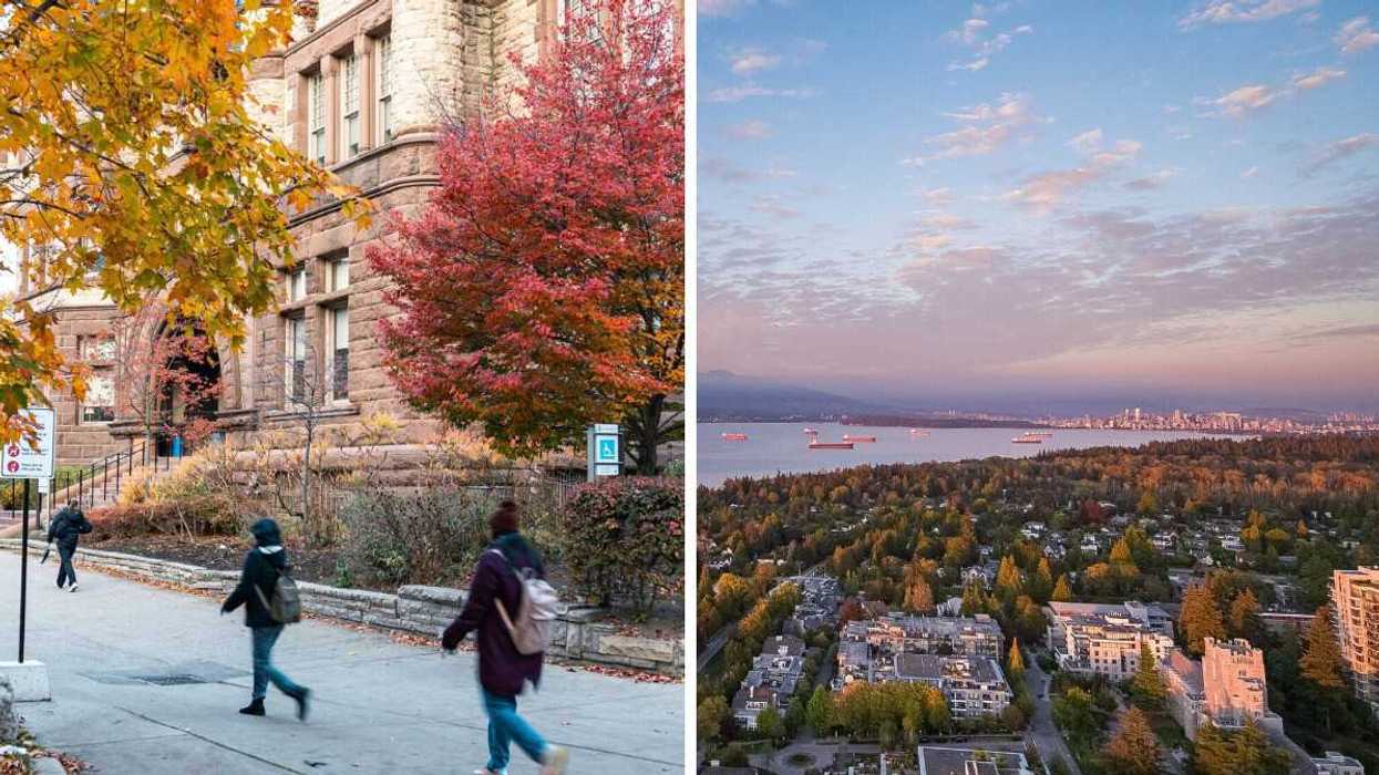 people walking on path with buildings and trees on university of toronto campus. right: aerial view of university of british columbia campus