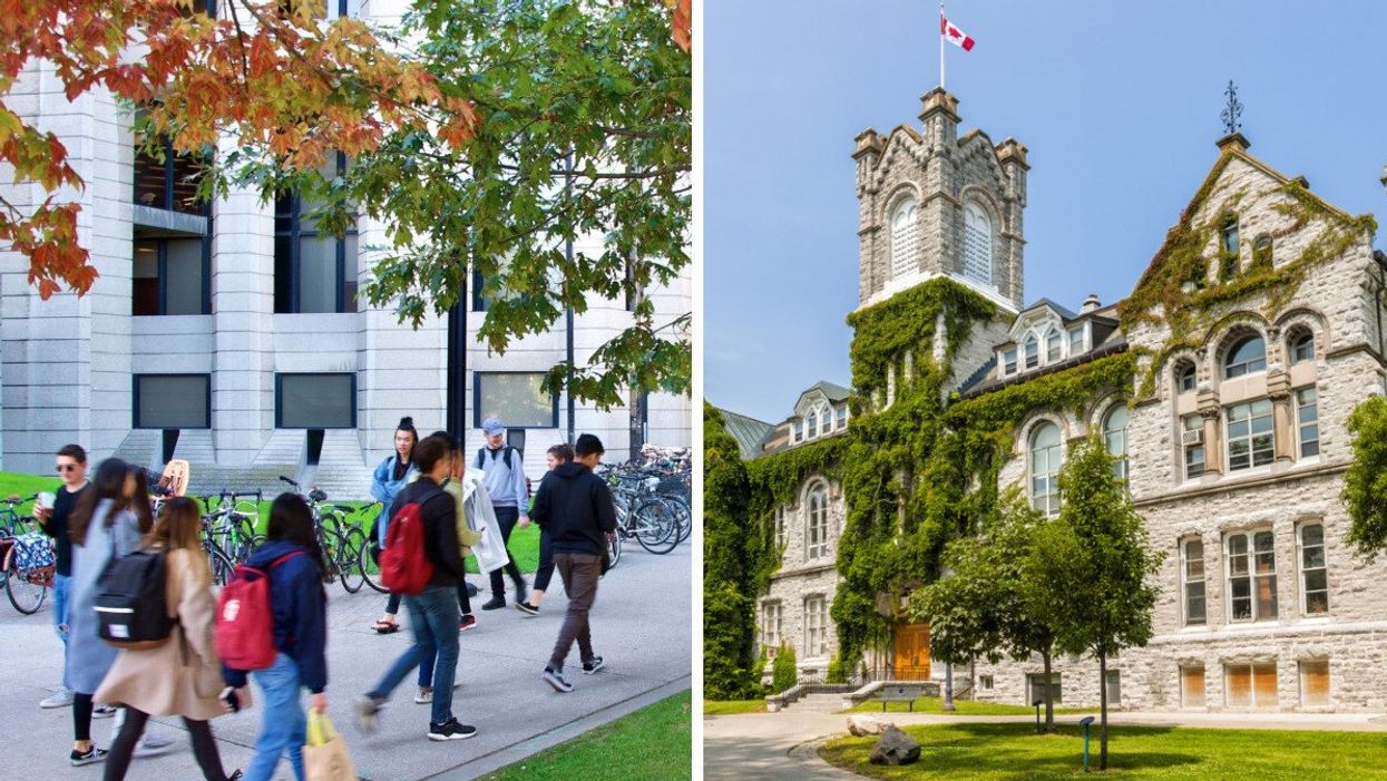 People walking on University of Toronto's campus. Right: Queen's University in Kingston.