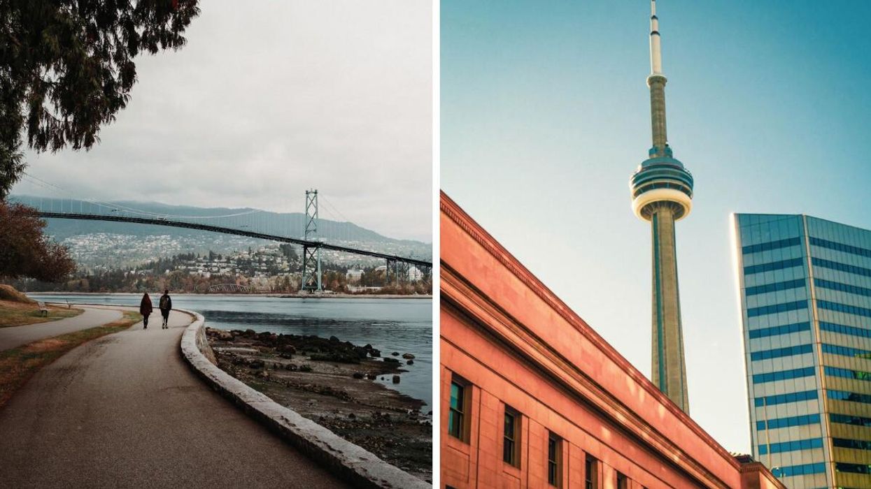 People walking the sea wall. Right: Toronto.