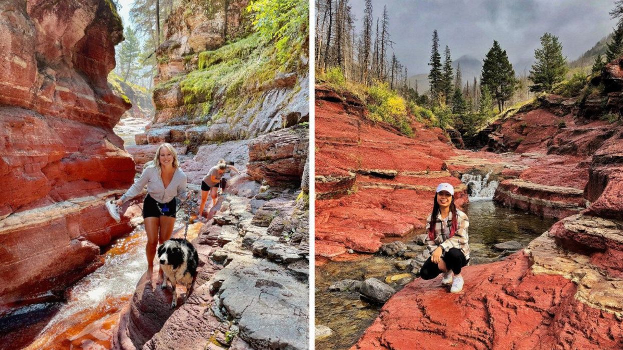 People walking through a canyon. Right: Someone by a canyon.