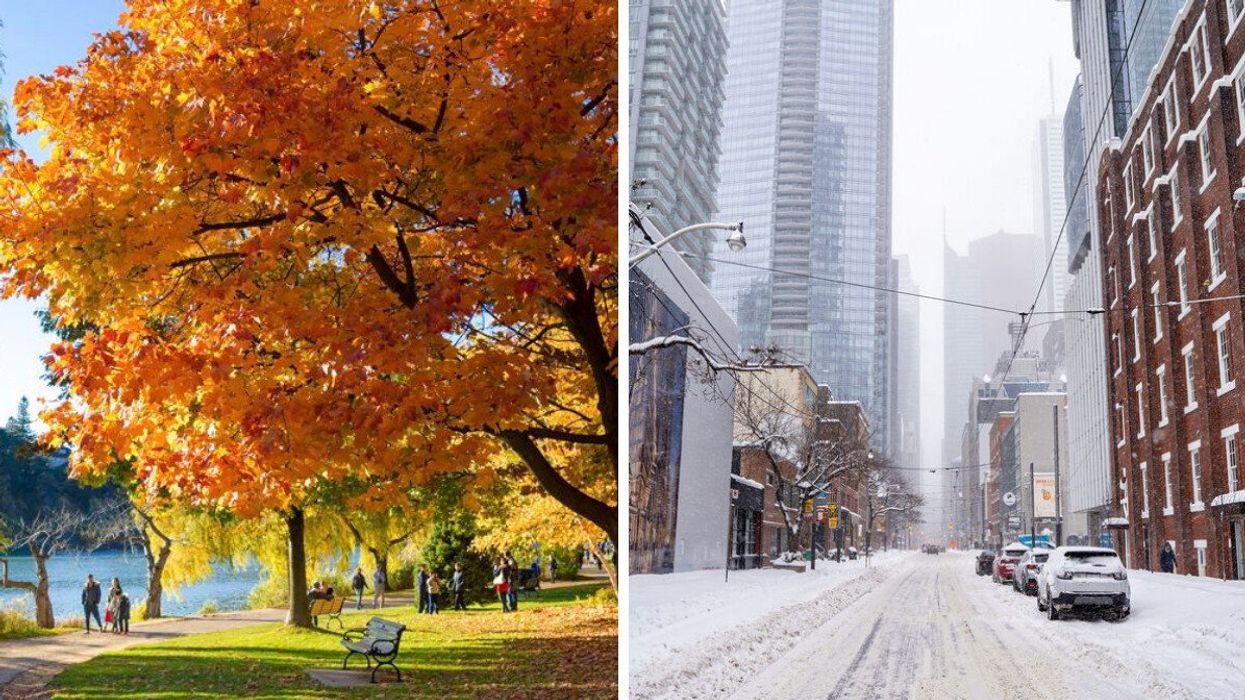 People walking through a colourful Toronto park during fall. Right: A winter storm in downtown Toronto.