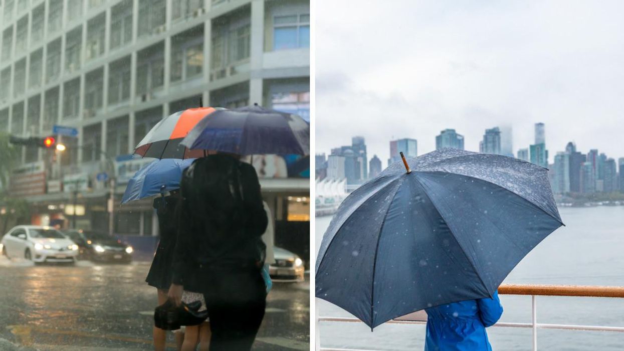 People walking through the rain in a city. Right: Person in Vancouver with an umbrella.