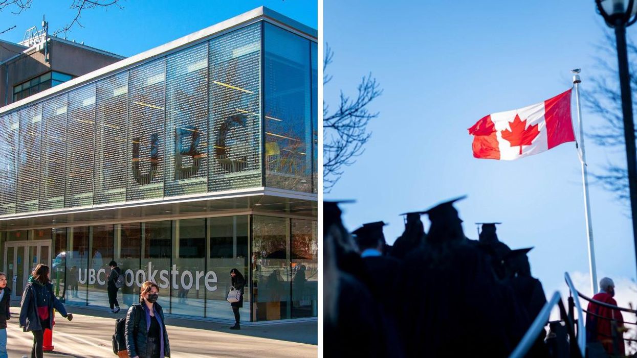 People walking through the UBC campus. Right: UBC graduates and a Canadian flag.
