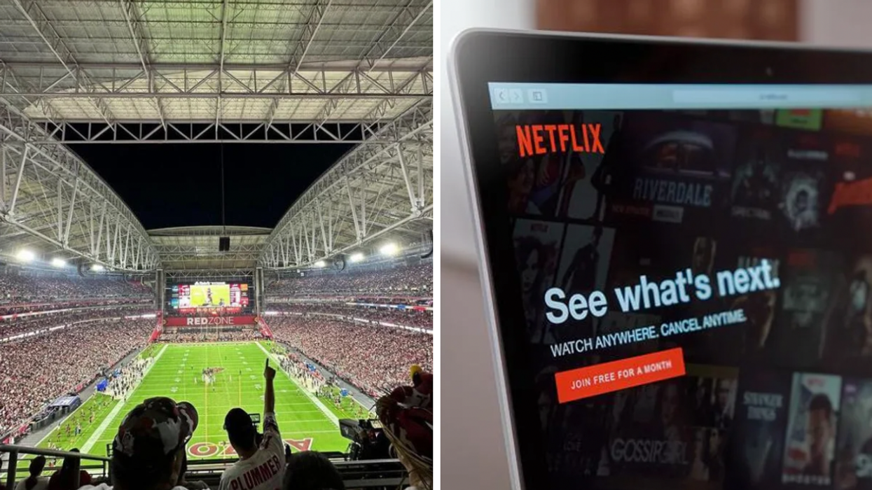 People watching an NFL game at State Farm Stadium. Right: Netflix open on a laptop.