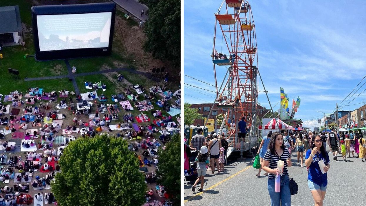 People watching an outdoor movie. Right: People at a fair.