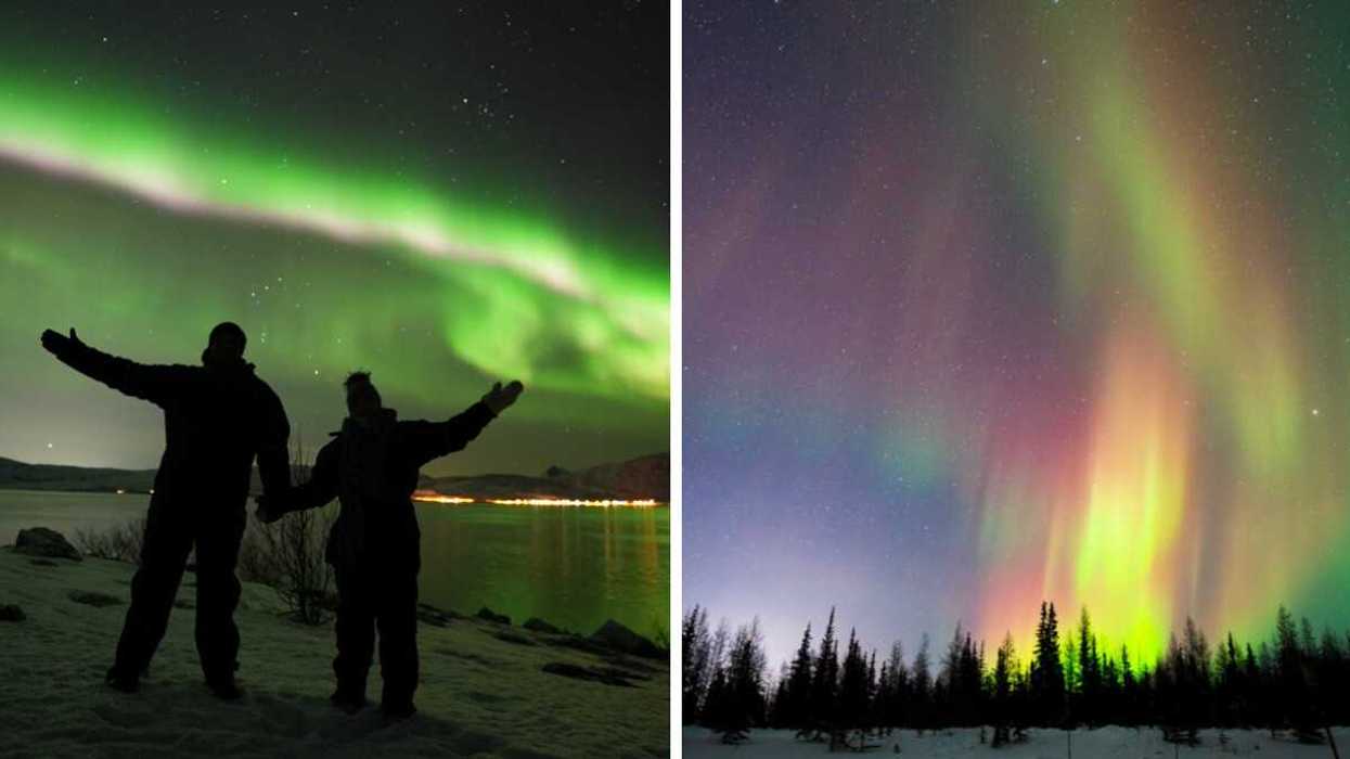 People watching the northern lights over a frozen lake at night. Right: Colourful northern lights glowing over snowy trees in Canada.