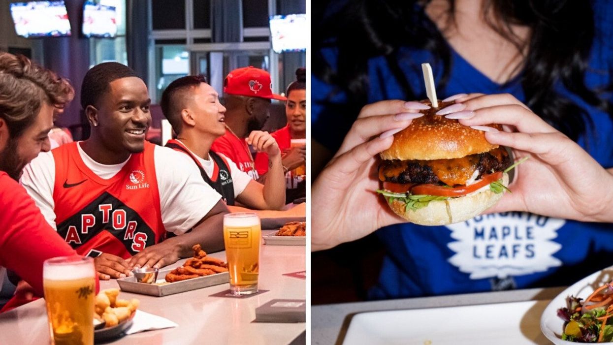People watching the Raptors. Right: A Maple Leafs fan holding a burger.