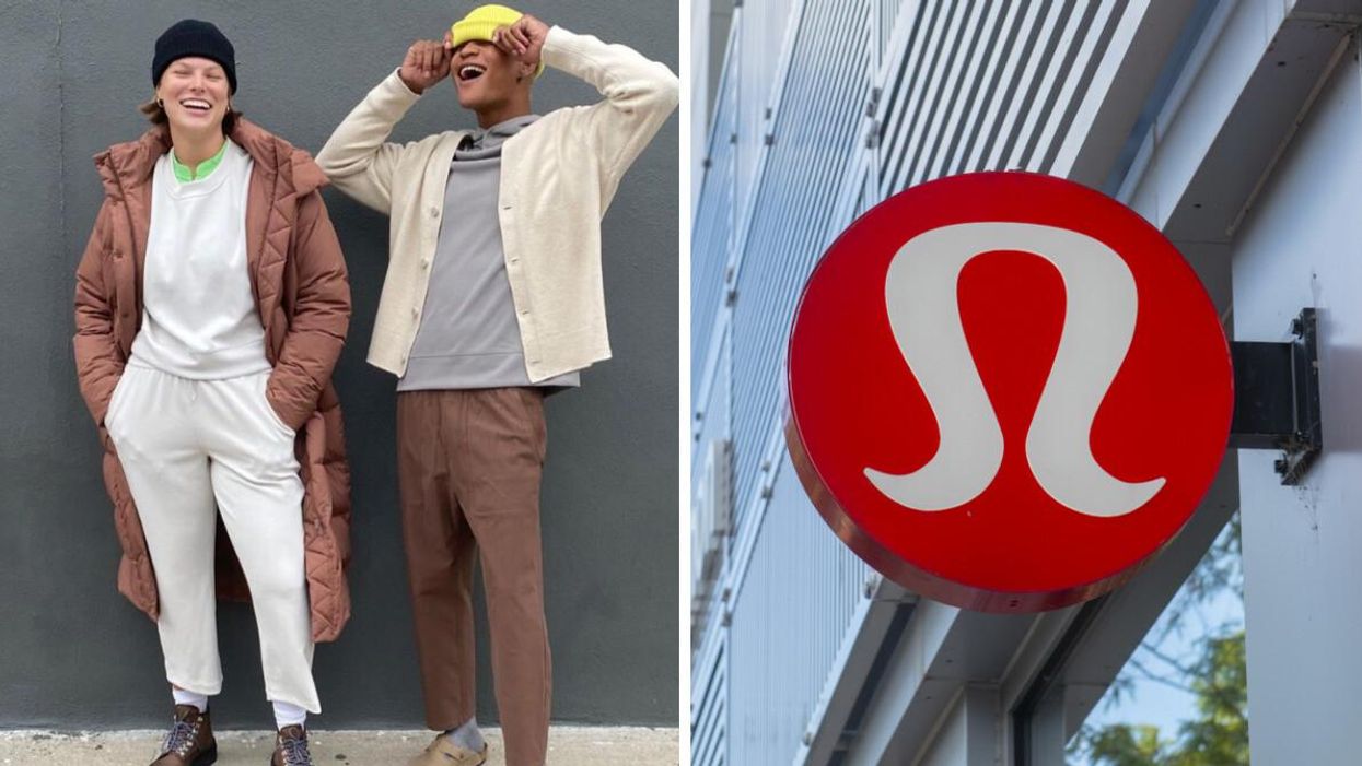 People wearing Lululemon clothes. Right: Lululemon store sign.