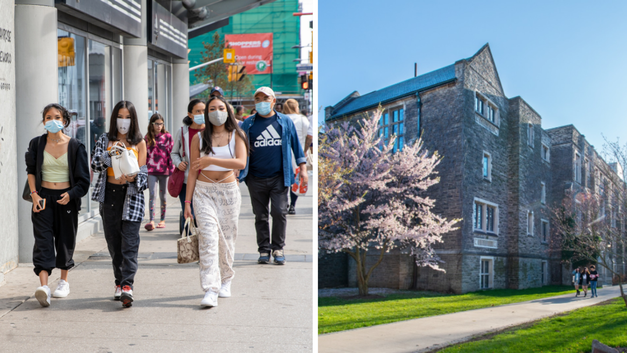 People wearing masks in Dundas Square. Right: McMaster campus.