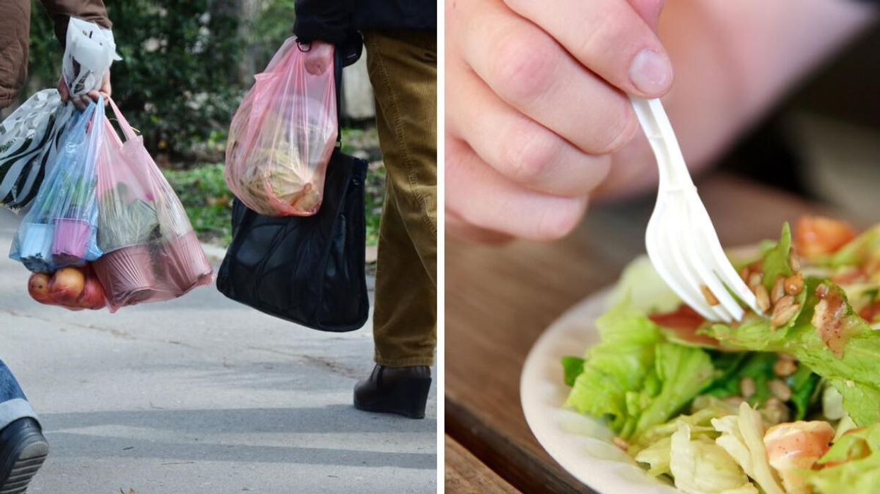 People with plastic bags. Right: A plastic fork.