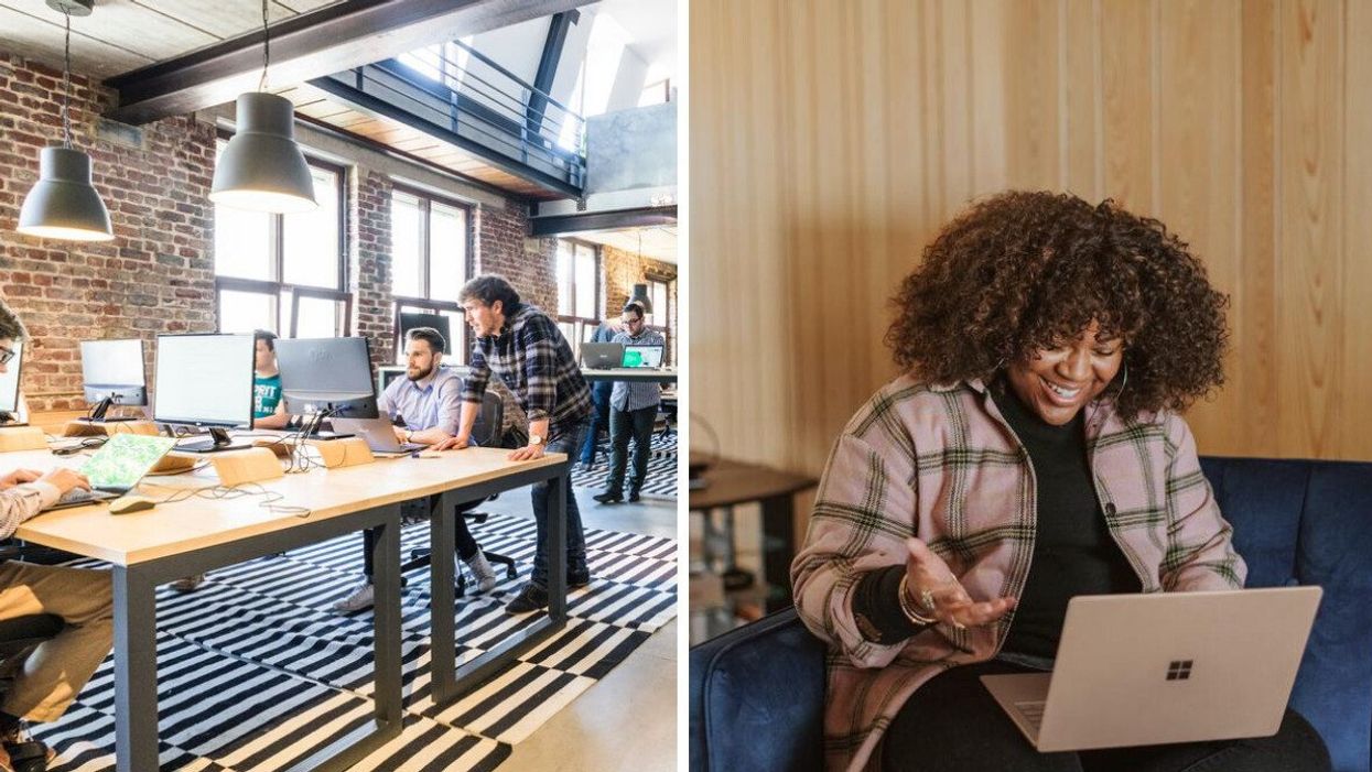 People working in an office. Right: A woman looking at her laptop.