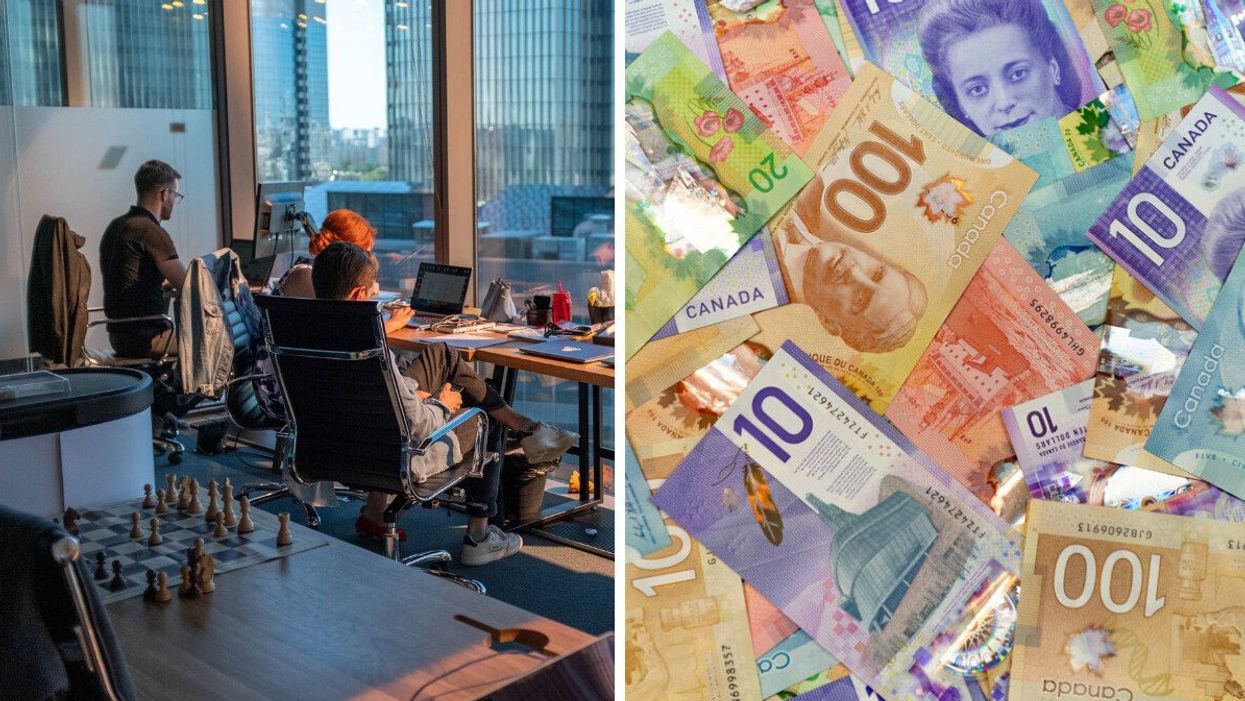 People working in an office. Right: Canadian money.