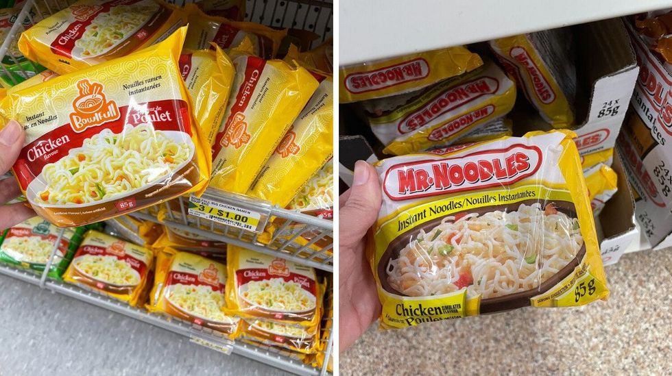 perosn holding a bag of bowlfull instant noodles at dollarama. right: person holding a bag of mr. noodles instant noodles at dollar tree