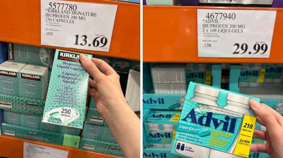 perosn holding \u200bKirkland Signature ibuprofen. Right: person holding Advil Liqui-Gels at Costco.
