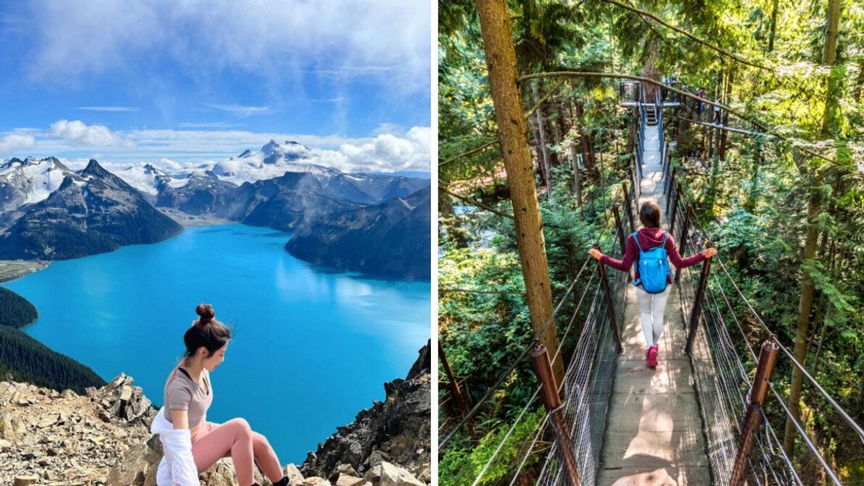 Person above Garibaldi Lake in B.C.. Right: Person on Capilano Suspension Bridge.