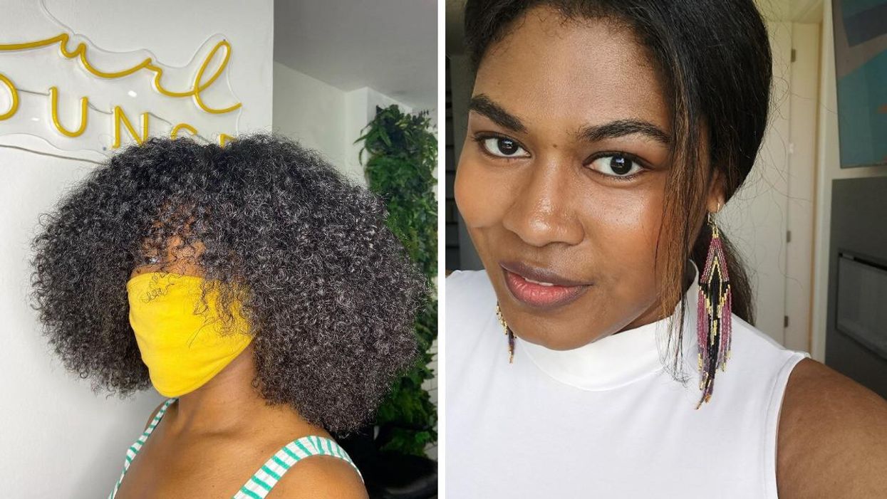 Person after a hair treatment at The Curl Lounge in Toronto. Right: Person with Monday May Jewelry earrings on.