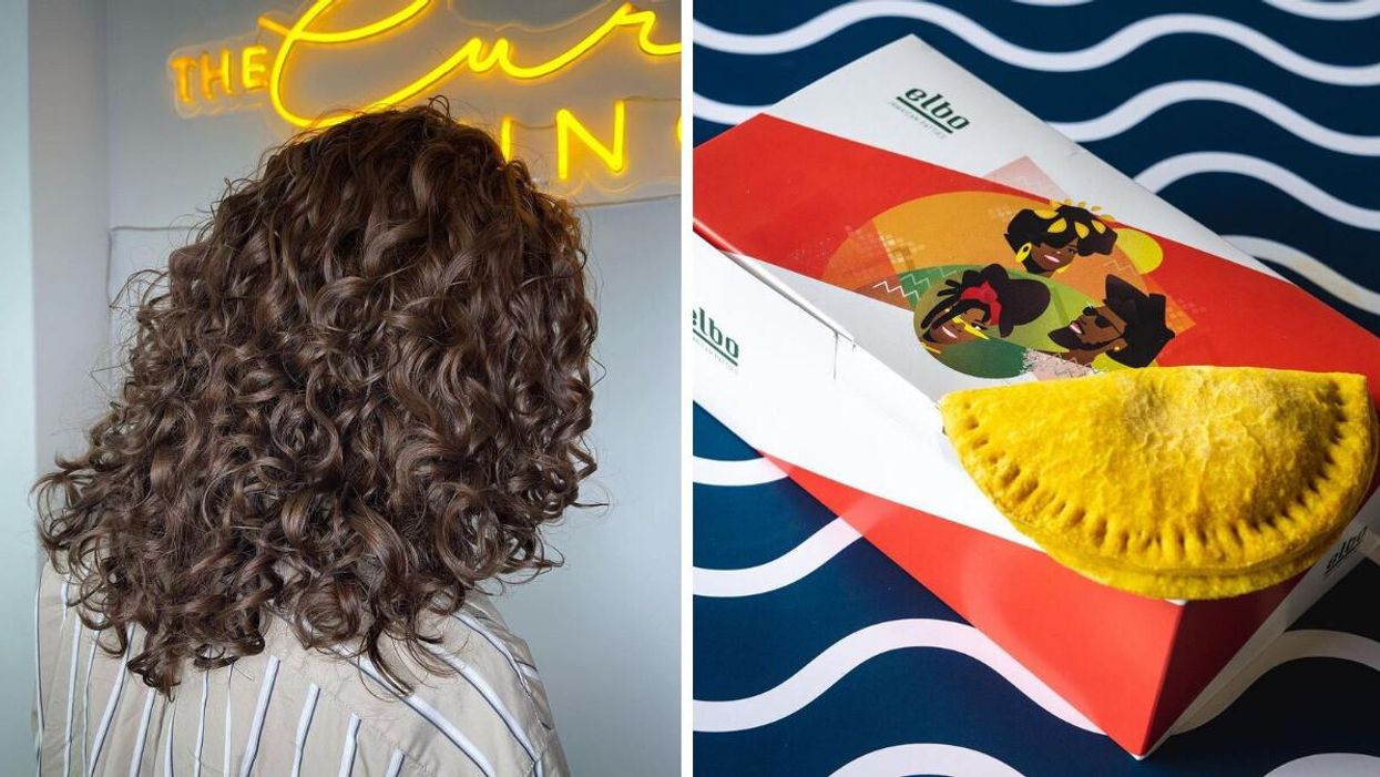 Person after a hair treatment at The Curl Lounge. Right: Box of Jamaican patties from Elbo Jamaican Patties.
